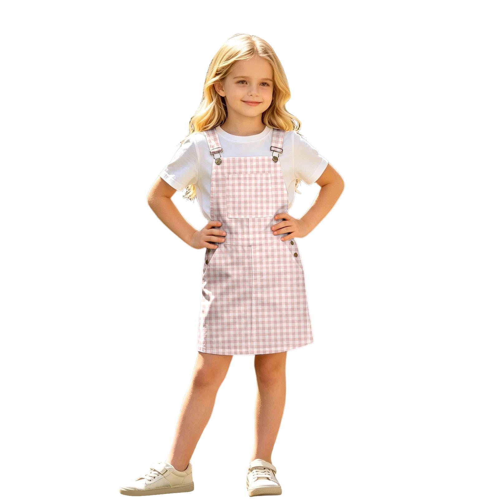 SUXIAN Toddler Dress Kids Short Sleeve Plaid Printed Overalls With Pocket Casual Suspenders Skirt Oktoberfest Girls Dresses Pink 10-11 Years