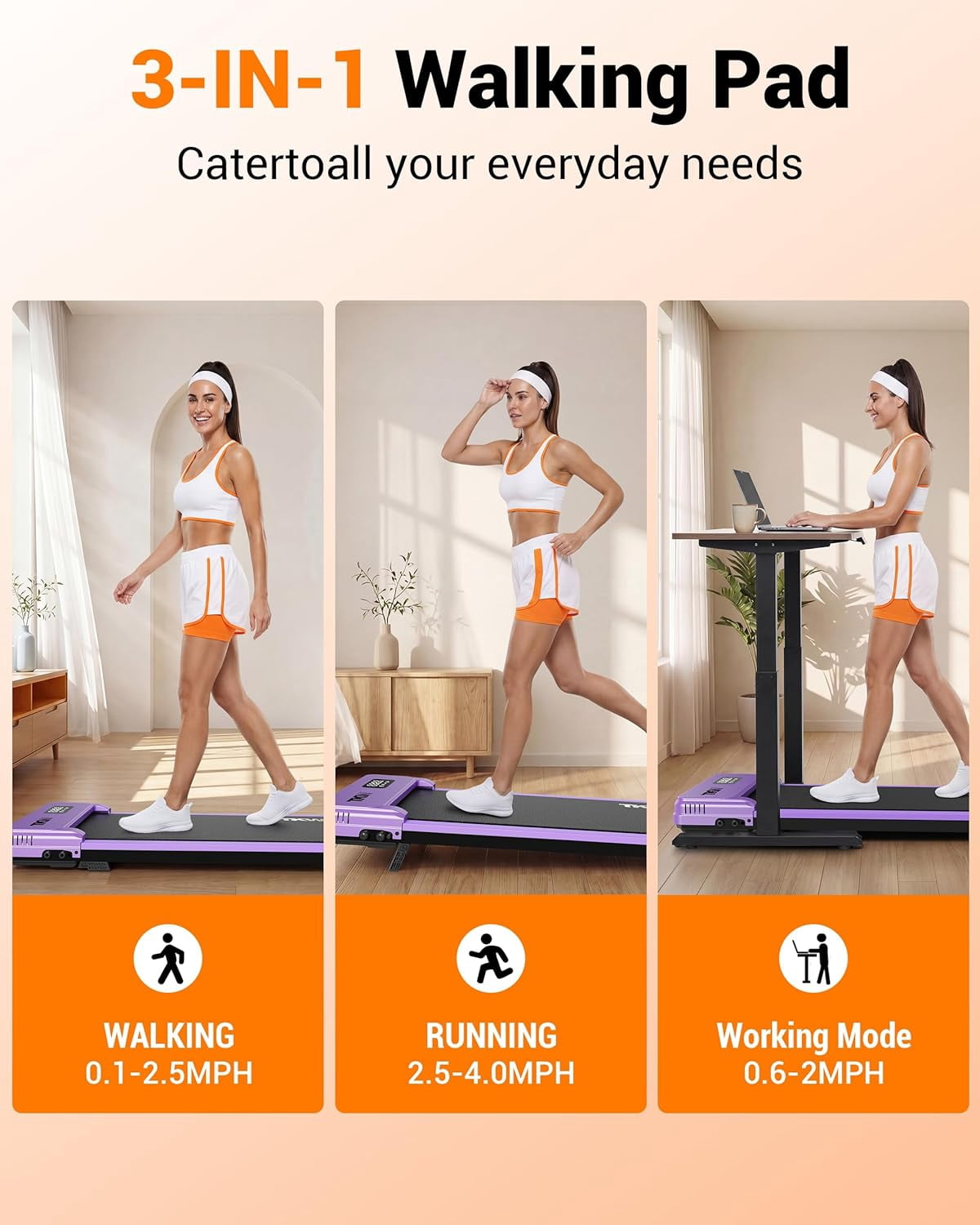 TKW Under Desk Walking Pad Treadmill, Portable Compact walkingpad treadmill for Apartment & Small Space Home Fitness, 200 lbs Capacity walk pad Walking Pad, Purple
