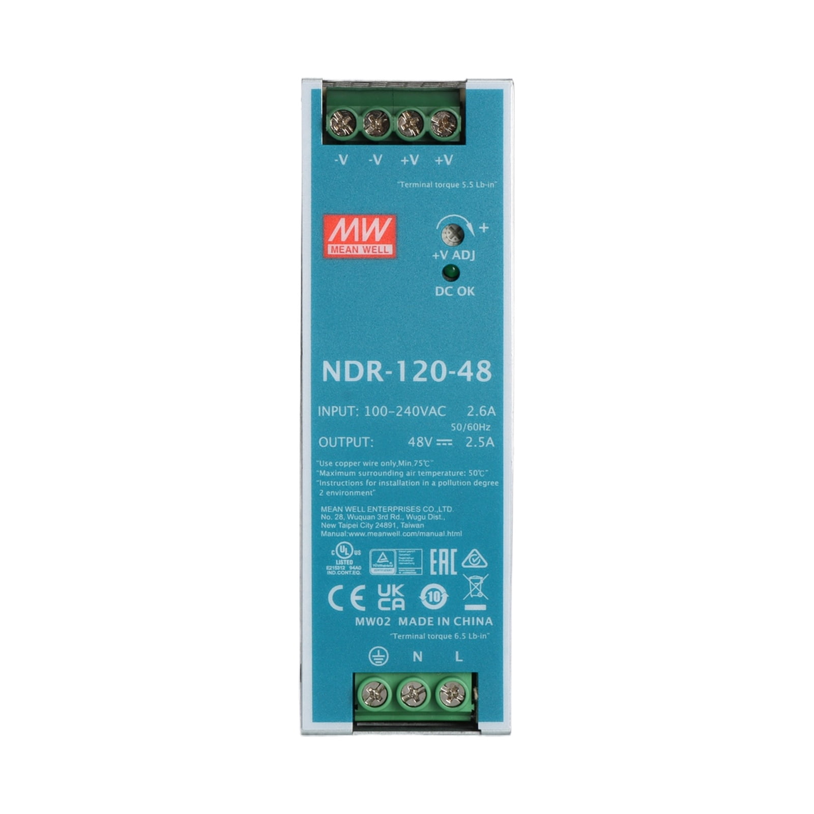 Feedannce 48V/2.5A, 120W DIN Rail Power Supply, for Automation & Control MEAN WELL NDR-120-48