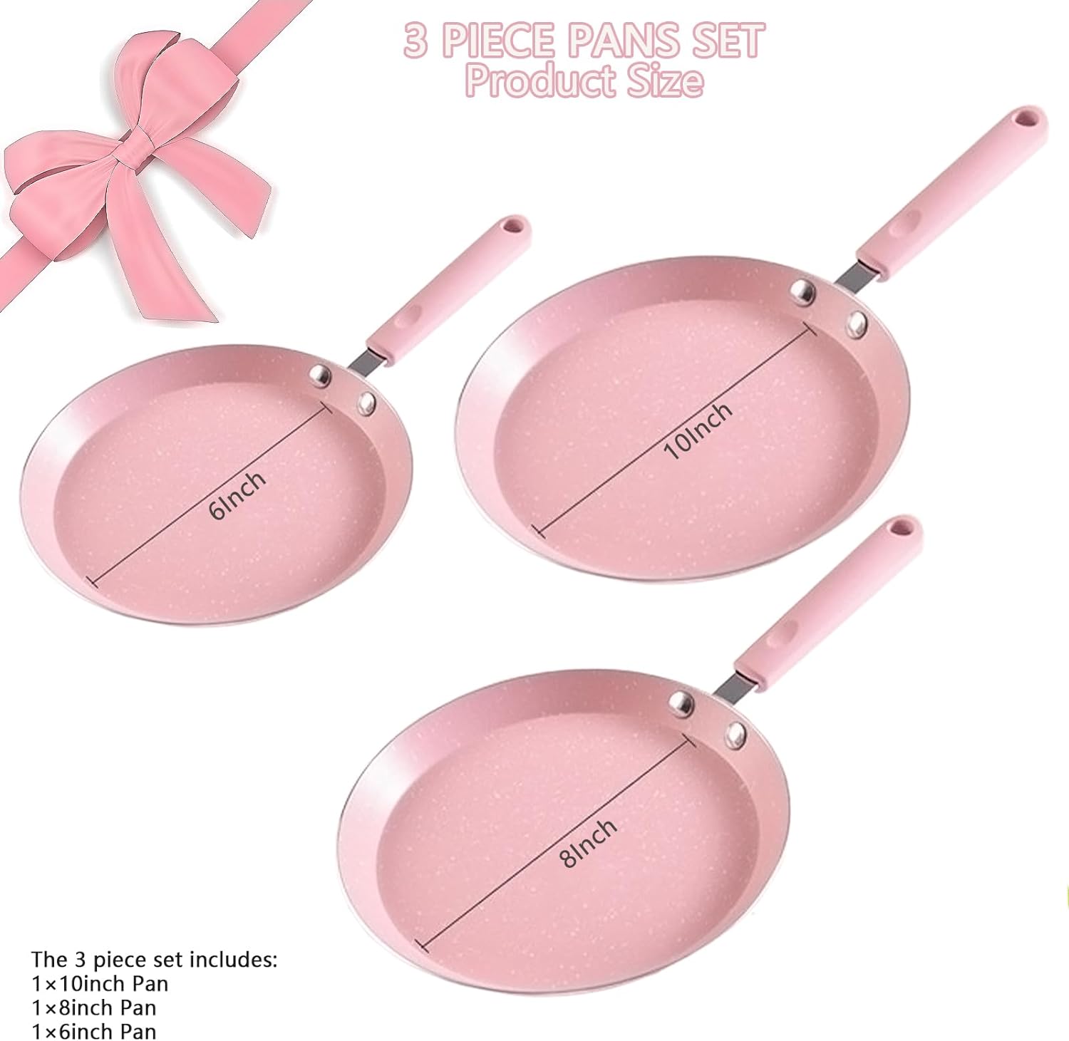 Nonstick Frying Pan Set, 3 Piece Pink Cookware with Non Stick Coating for All Stoves