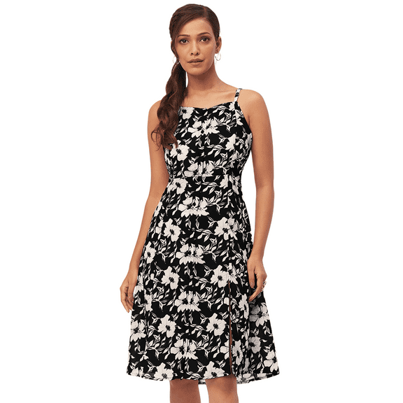 Moomaya Printed Buttoned Dress, Sleeveless Spaghetti Strap Dress With Side Slit