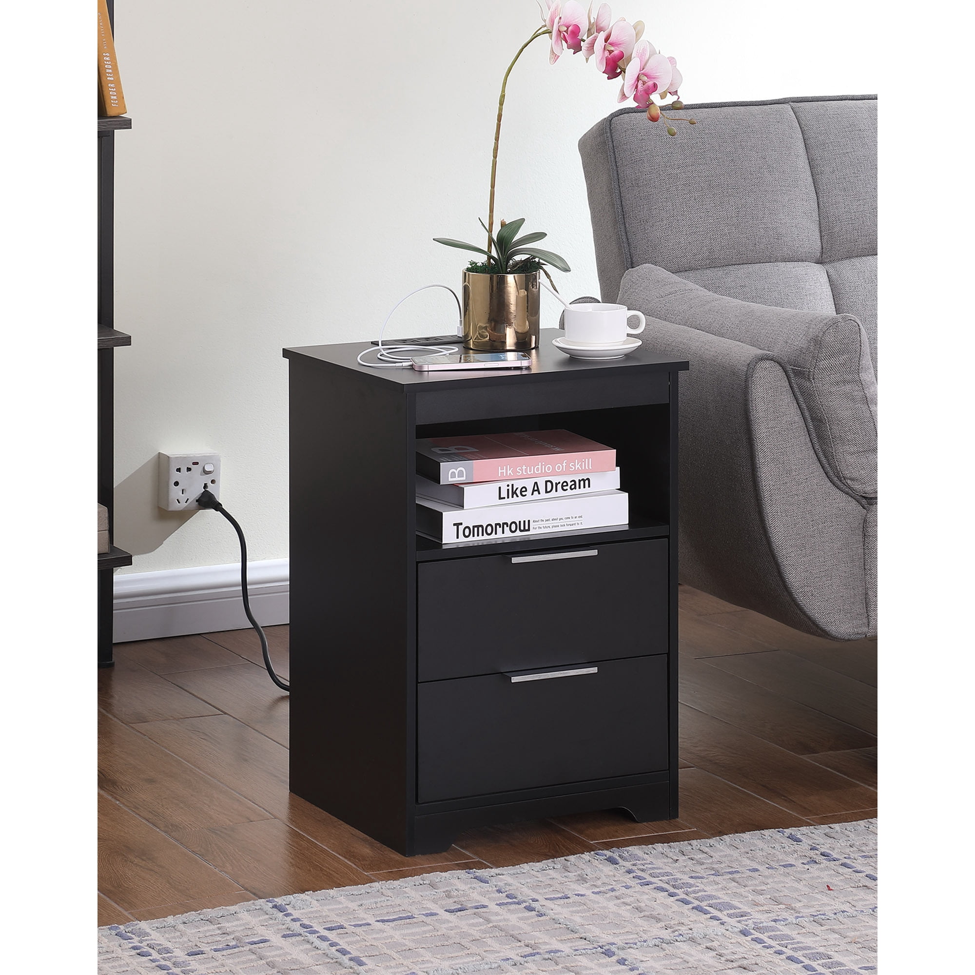 2 Drawer Small Nightstand with Charging Station,Wooden End Table with Drawer and Opening Shelf,Side Table for Bedroom Living Room Dorm Office,Black