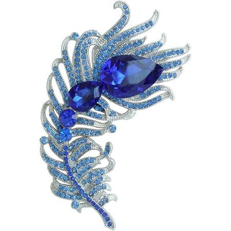 

4.33 Rhinestone Crystal Peacock Feather Brooch Pin Pendant BZ5038 (Silver-Tone Blue)