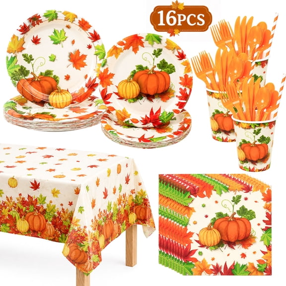 Fall Paper Plates Pumpkin Tablecloth Maple Leaf Napkins Disposable Dinnerware Fall Thanksgiving Party Supplies Serve 16