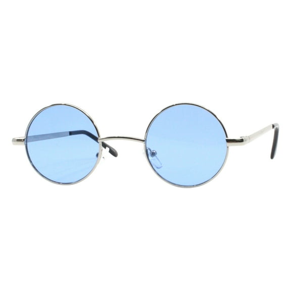 Small Round Sunglasses Perfect Circle Silver Frame Blue Lens Unisex UV 400