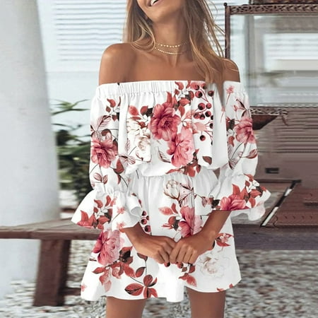 

jsaierl Stylish Women s Summer Casual Off Shoulder Bell Sleeve Solid And Printed Dresses for Women 2022