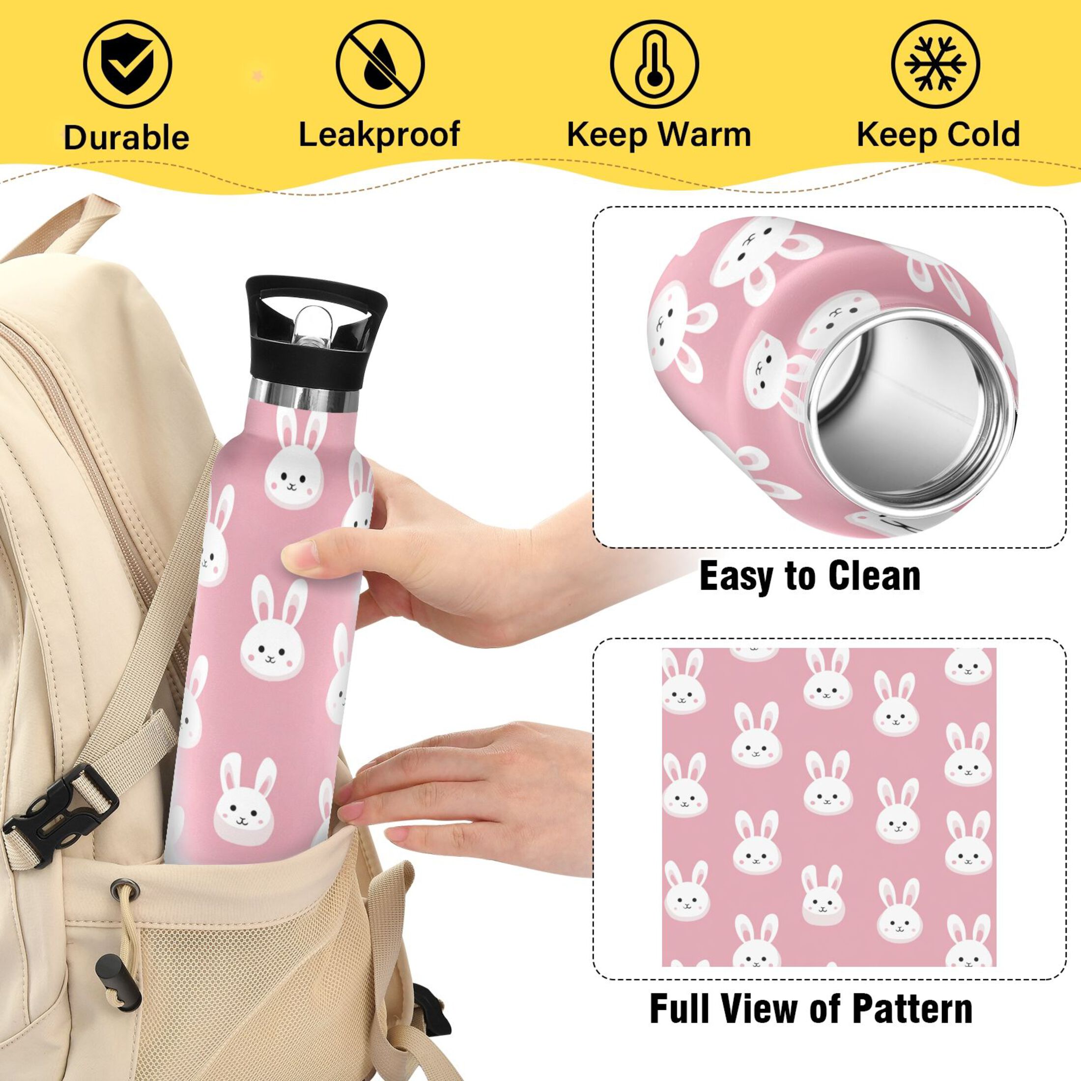 600ML Stainless Steel Insulated Cup Sports Water Bottle Portable Thermos Cup Water Glasses Insulated Tumblers Convenient and Durable White Rabbits
