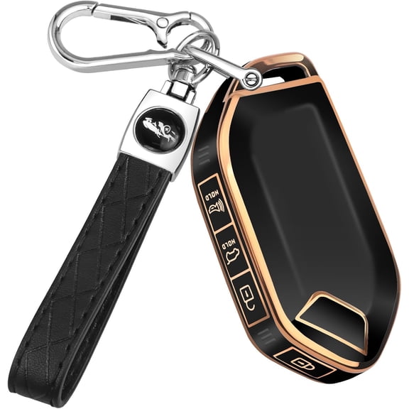 Key Fob Cover Compatible with Kia Telluride Sorento K4 K5 EV5 EV9 Carnival Sportage GT-Line 2023-2026 Soft TPU Leather Full Protection Smart Key Keychain Case Holder Protector,Gold Border - Black