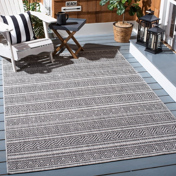 SAFAVIEH Courtyard Everette Geometric Striped Indoor/Outdoor Area Rug, 5'3" x 7'7", Black/Grey