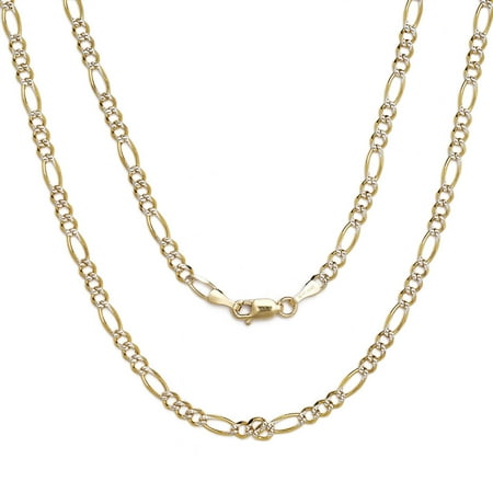 - 10k Two-Tone Gold Figaro Chain Necklace with White Pave for Men and Women, 0.1 Inch (2.5mm)