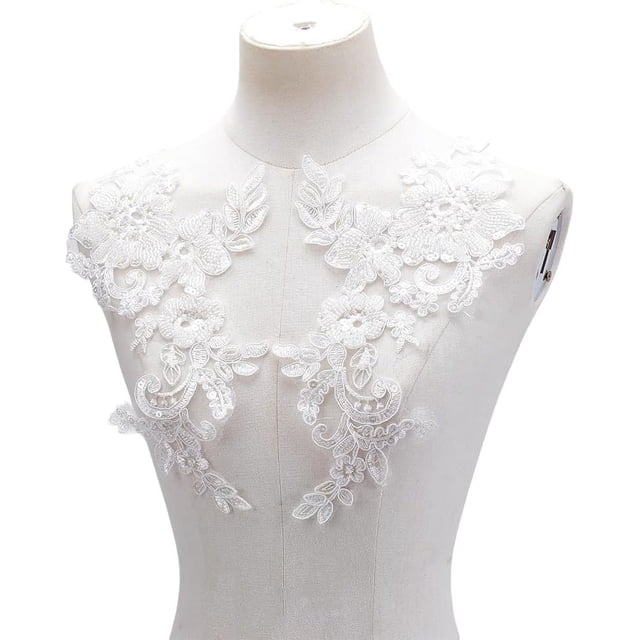 2 pares de apliques de encaje bordado con forma de flor, parche floral de encaje blanco, par de apliques de encaje con efecto espejo para costura y decoración de manualidades.