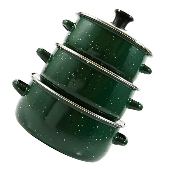 3Pcs Enamelware Pot Set Enamel Stock Pot With Lid Retro Cooking Pot Vintage Soup Pot Nesting Stew Pot Enameled Steel Cookware For Home Kitchen Green