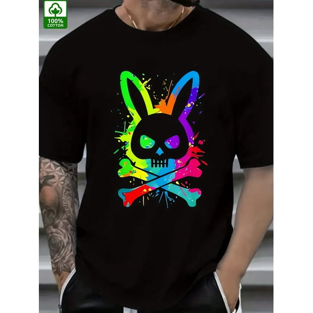 Summer Trend Men'S T-shirt, Colorful Skull Rabbit Pattern Printing, Outdoor Wear Men'S Fashion T-shirt