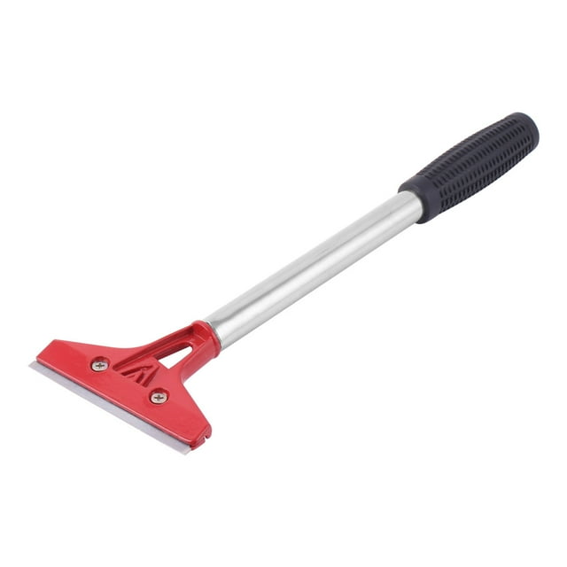 Unique Bargains Household Metal Nonslip Handle Wall Floor Dust Cleaning Tool Scraper Cutter featuring a red angled head with a sharp blade secured by two screws. Includes a black rubber antislip grip and a sturdy metal handle. Perfect for scraping paint, glue, ice, snow, and adhesives from walls, floors, glass, and ceramic surfaces. Designed for efficient paint removal and prep tasks.