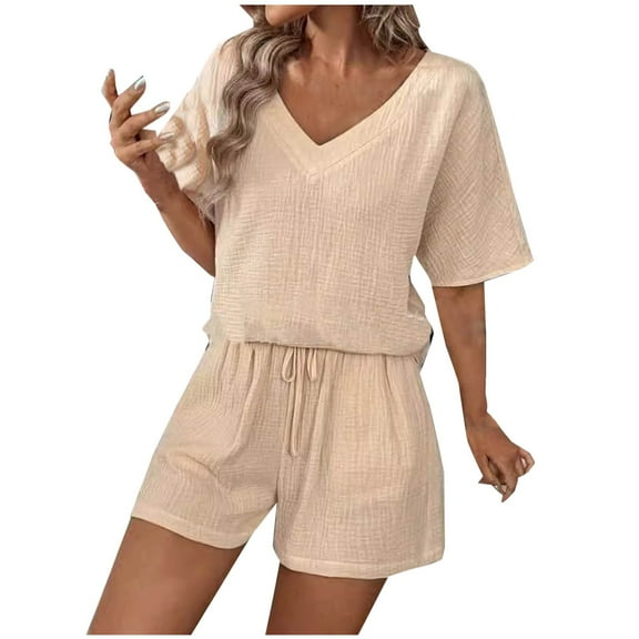 ATOYSOY Women's V Neck Lounge Sets Fall Two Piece Cotton Lined Outfits Loose Tops Drawstring Shorts Tracksuits Vacation Trendy Casual Long Sleeve Sweatsuits Beige L