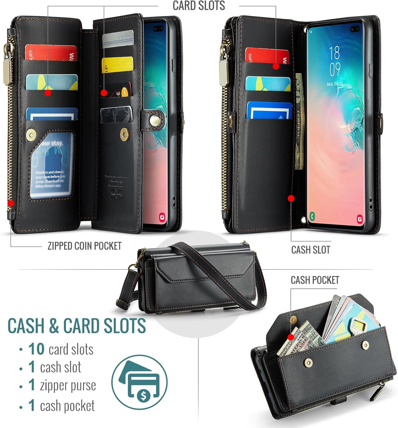 Phone Case for Samsung Galaxy S10 Zipper Wallet Cover with Tempered Glass Screen Protector and Leather Flip RFID Blocking Credit Card Holder Stand Cell S 10 Edge 10S GS10 X10 Women Girls Black