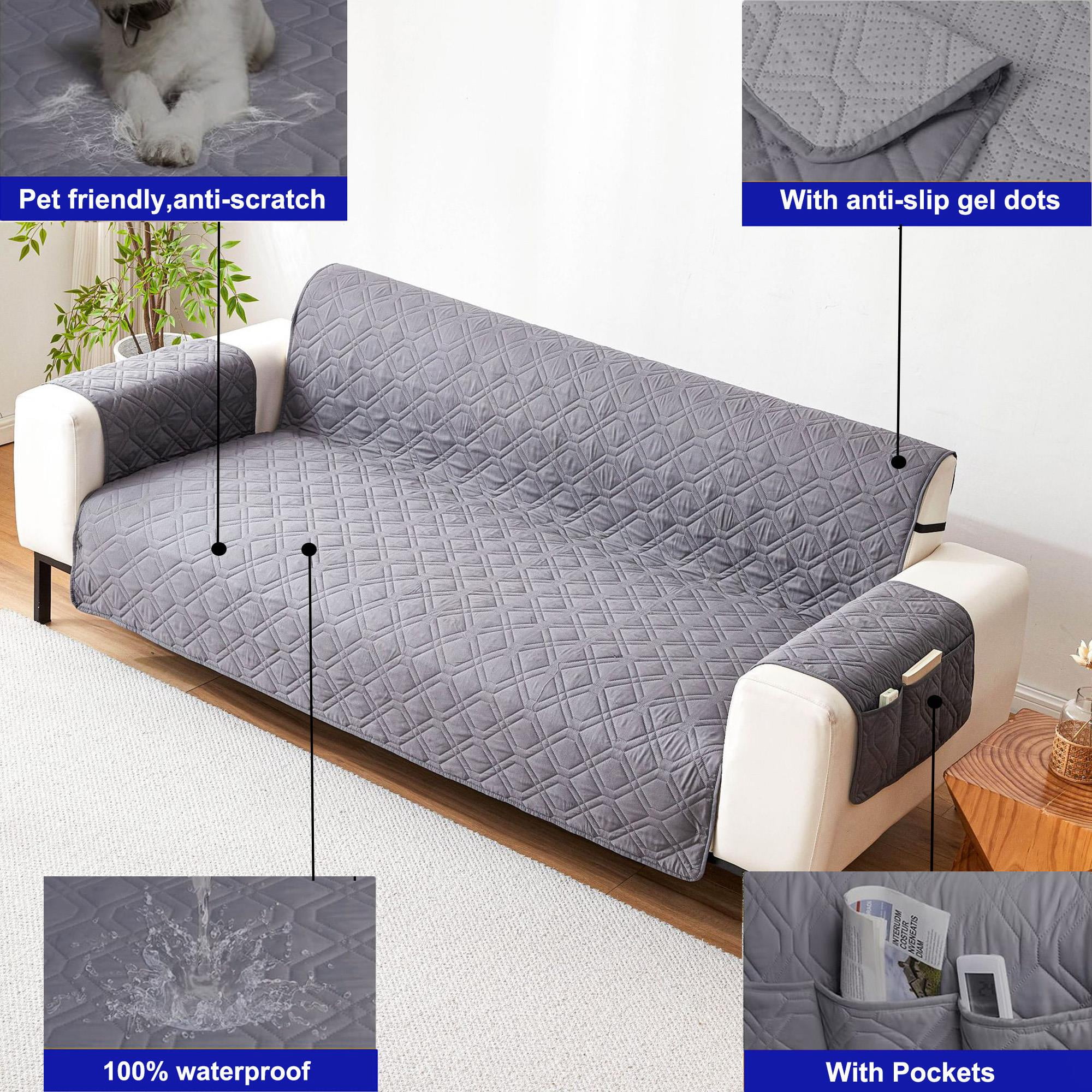 Waterproof Couch Covers 3 Cushion Couch,Non Slip 3 Seater Sofa Covers Washable,Furniture Protector with Side Pockets Elastic Straps for Dogs, Pets,Living Room(Dark Gray,3 Seater Sofa)