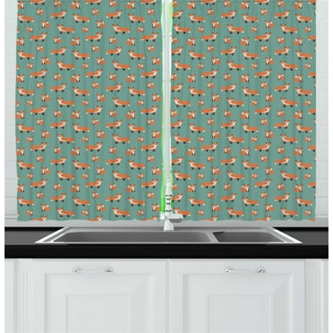 Ambesonne Cartoon Kitchen Curtains, Repetitive Pattern of Foxes, 55"x45", Burnt Sienna and Laurel Green