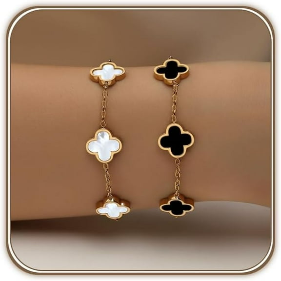18K Gold Plated Clover Bracelet Set for Women White/Black/Gold/Silver/Green/Pink Adjustable Link Double-Sided Lucky Bracelets Trendy Bracelets Set Jewelry Gifts for Women Men
