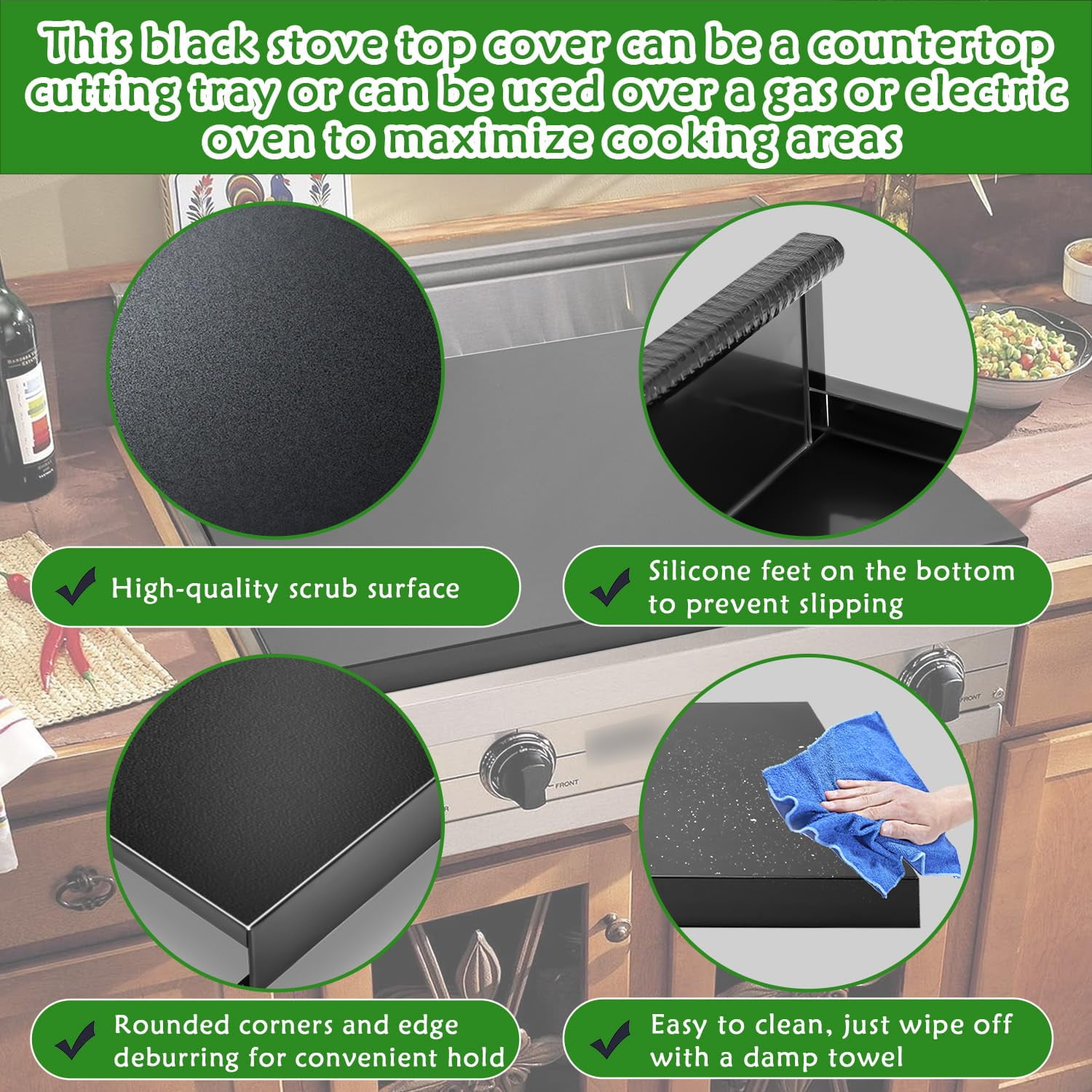 Gas Stove Cover Board, Resistance to Heat Range Covers for Gas Stove, Large Black Stove Top Covers (L30’’ x W22'' xH2.75'') with Anti-slip Silicone Feet, Anti-collision Corner Guards