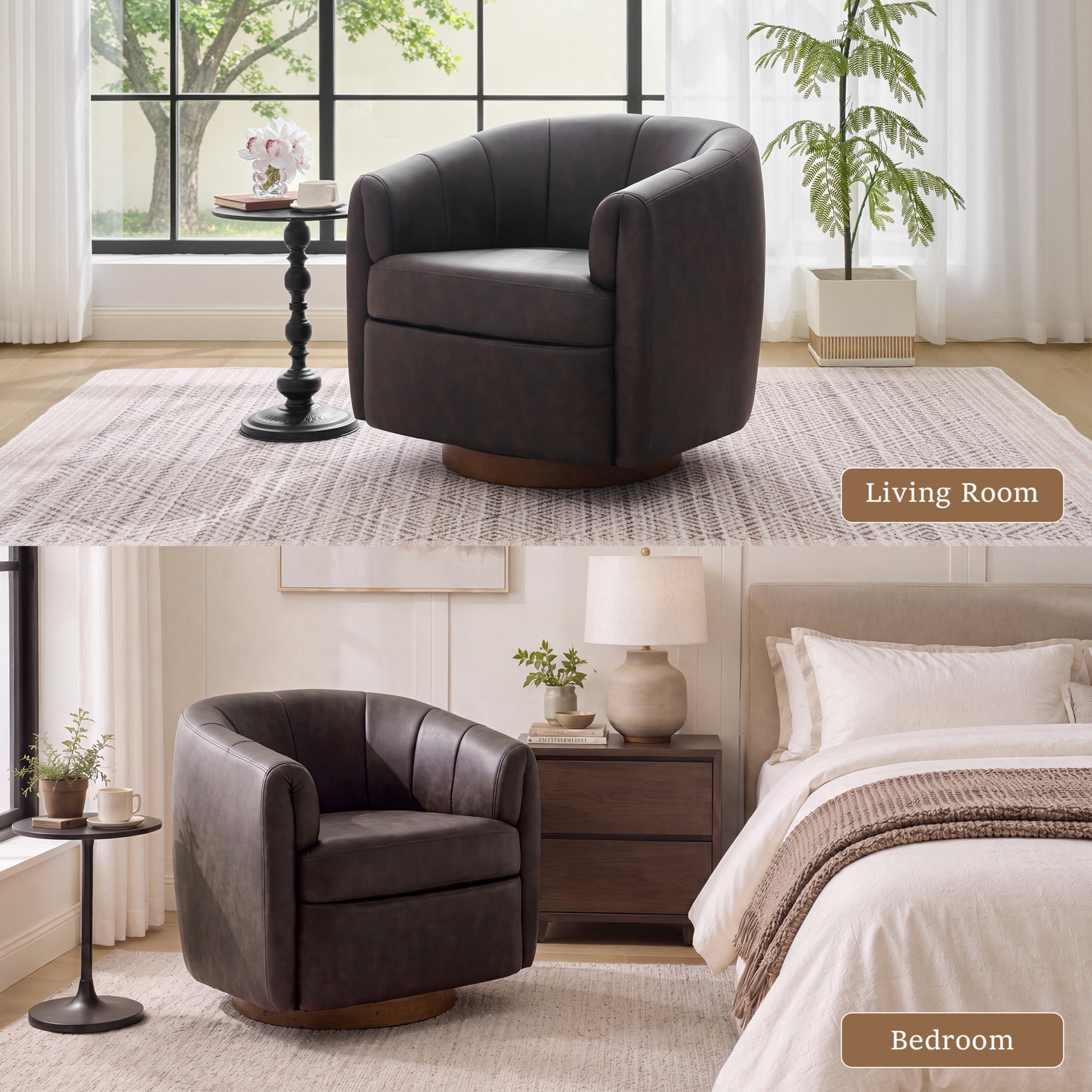 Noble House Swivel Accent Chair with Solid Wood Base, PU Upholstered Armchair for Living Room, Dark Brown