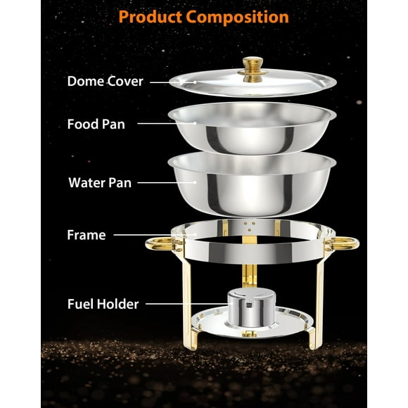 GloryStar Round Chafing Dishes for Buffet 2 Pack, 5QT Buffet Servers and Warmers with Lid, Spoon and Tweezers Complete Set, Stainless Steel Catering Food Warmers for Catering, Parties, Wedding