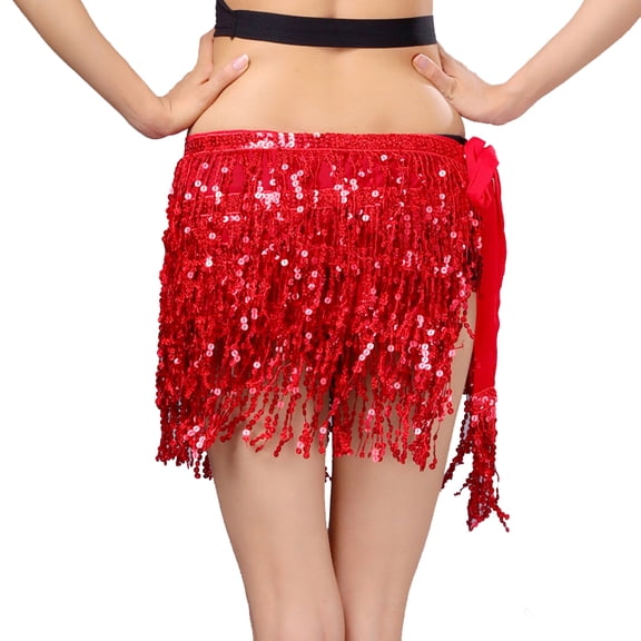 4-Layers Sequined Fringed Drawstring Closure Belly Dance Waist Chain Skirt Hip Scarf Latin Skirt,red