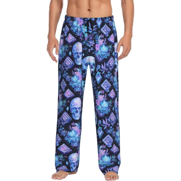 Balery Skull blue crystal flower Pantalones de pijama para hombre, pijama ultraligero, pantalón de descanso-Large