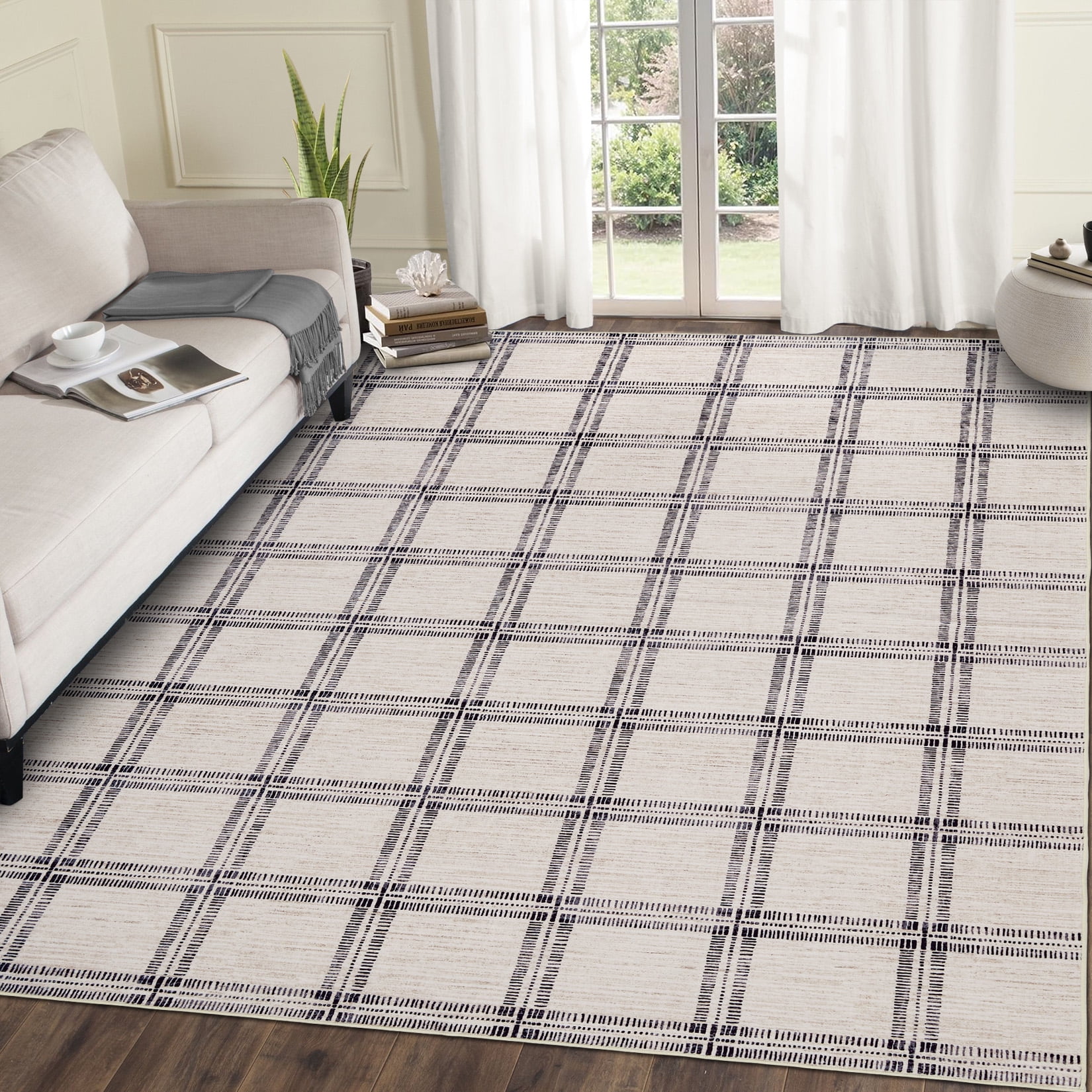 Hasoo Large Washable Rug 9' x 12' Area Rug for Living Room Modern Plaid Non Slip Neutral Indoor Decor Carpet, Beige