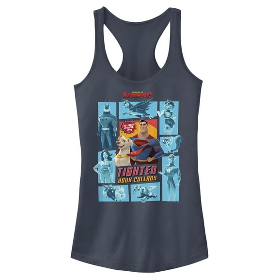 Junior's DC League of Super-Pets Tighten Your Collars Panels  Racerback Tank Top Indigo Large
