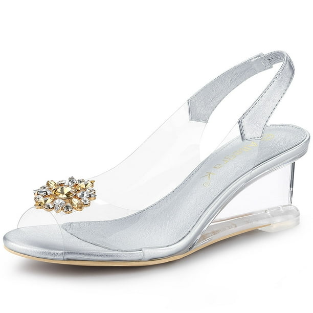 Sandalias de Tacón de Cuña Allegra K Transparentes con diamantes de Imitación para Mujer Plata 36