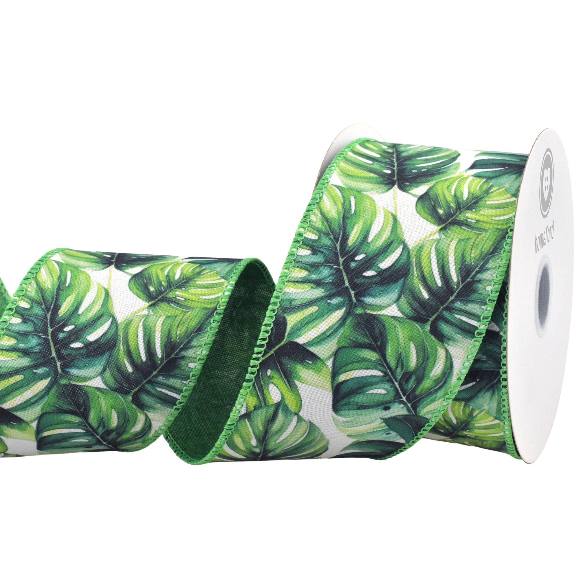 Homeford Summer Lush Monstera Leaves Deluxe Wired Ribbon, 2-1/2-inch, Green/White, 10-yard