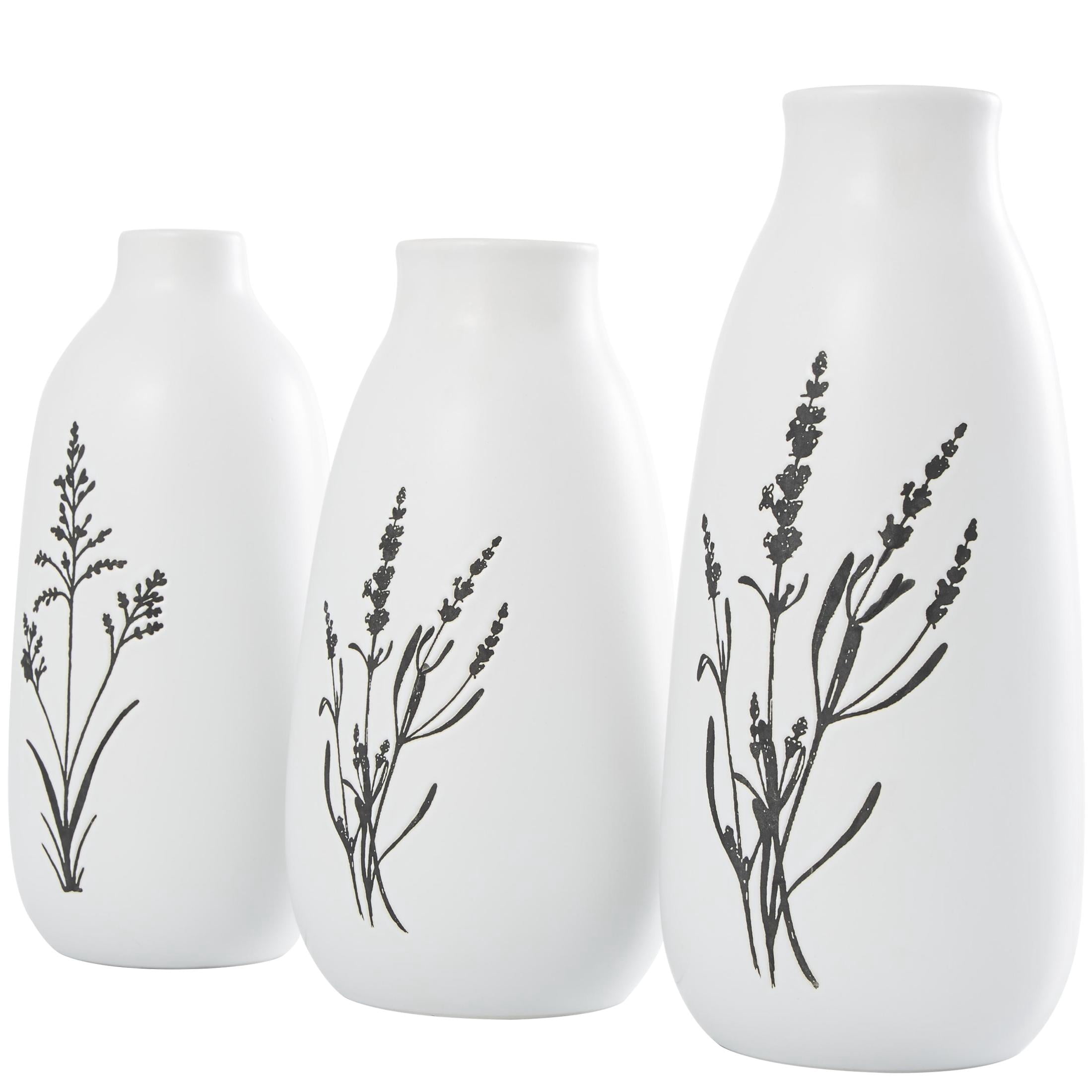 DecMode 13", 11", 12"H Floral White Ceramic Vase with Black Lavender Prints, Set of 3