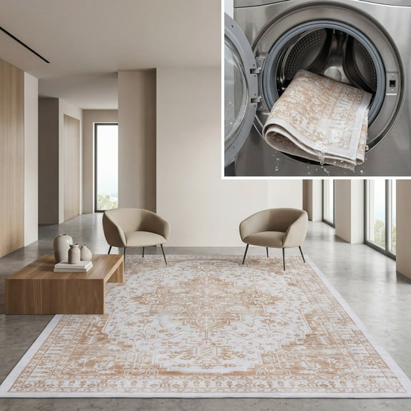 SAFAVIEH Arizona Bradford Oriental Machine Washable Area Rug, Beige/Gold, 5' x 8'