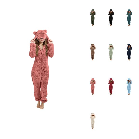Warm Hooded Cat Ear Pajama Jumpsuit, Fleece Girls Onesie with Eye Mask, Zip Up Sherpa Lined Sleepsuit