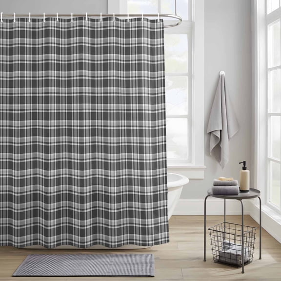 Bathroom Shower Curtain Minimalist Black and Gray Check Waterproof Shower Curtains with Hooks, Geometric Lines Plaid Bath Curtains Bathtub Curtain Home Decor 36x72in
