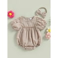 thumbnail image 3 of Musuos Baby Girl 2Pcs Summer Outfits, 3M 6M 12M 18M Short Puff Sleeve Plaid Print Romper with Bow Headband Set Cute Clothing, 3 of 10