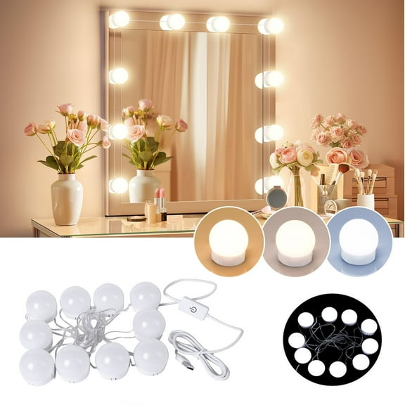 Gogcaro LED Vanity Lights For Mirror, Gogcaro Hollywood Style With 10 Dimmable Bulbs, Adjustable Color & Brightness, USB Cable, Stick on for Makeup Table Dressing Room Mirror
