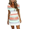 thumbnail image 2 of Txlixc Vestido de bloque de color para mujer, una pieza de manga corta con cuello en V a rayas para adultos con cordón, bolsillo Txlixc  Estilo de ocio, 2 of 9