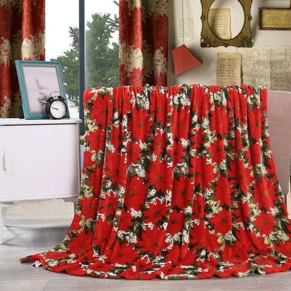 Elegant Comfort Velvet Touch Ultra Plush Christmas Holiday Printed Fleece Throw/Blanket - 50" x 60inch, (Poinsettia)