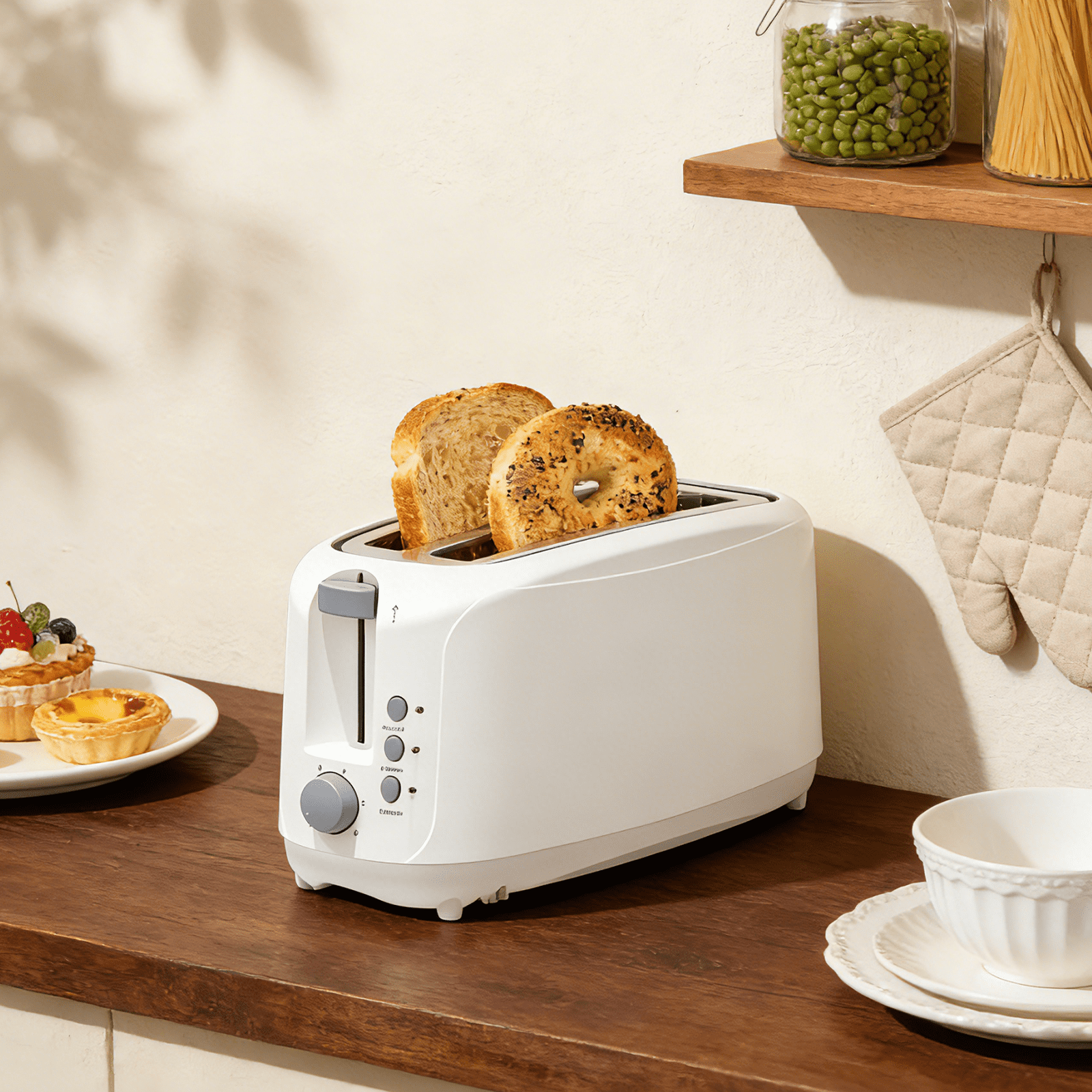 4 Slice Extra Long Slot Toaster with 6 Browning Levels & Defrost/Reheat Functions,White