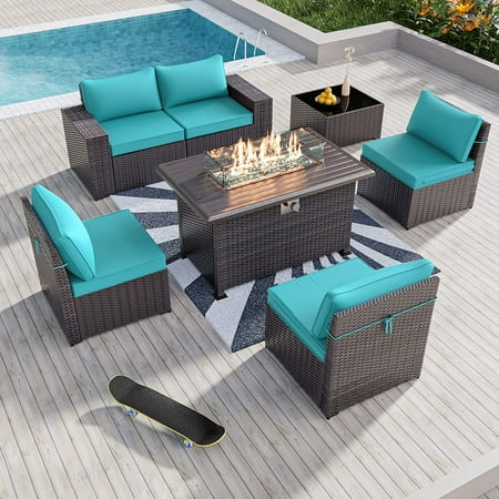 Gotland 7 Pieces Outdoor Patio Furniture Set with 43 Gas Propane Fire Pit Table PE Wicker Rattan Sectional Sofa Patio Conversation Sets Blue