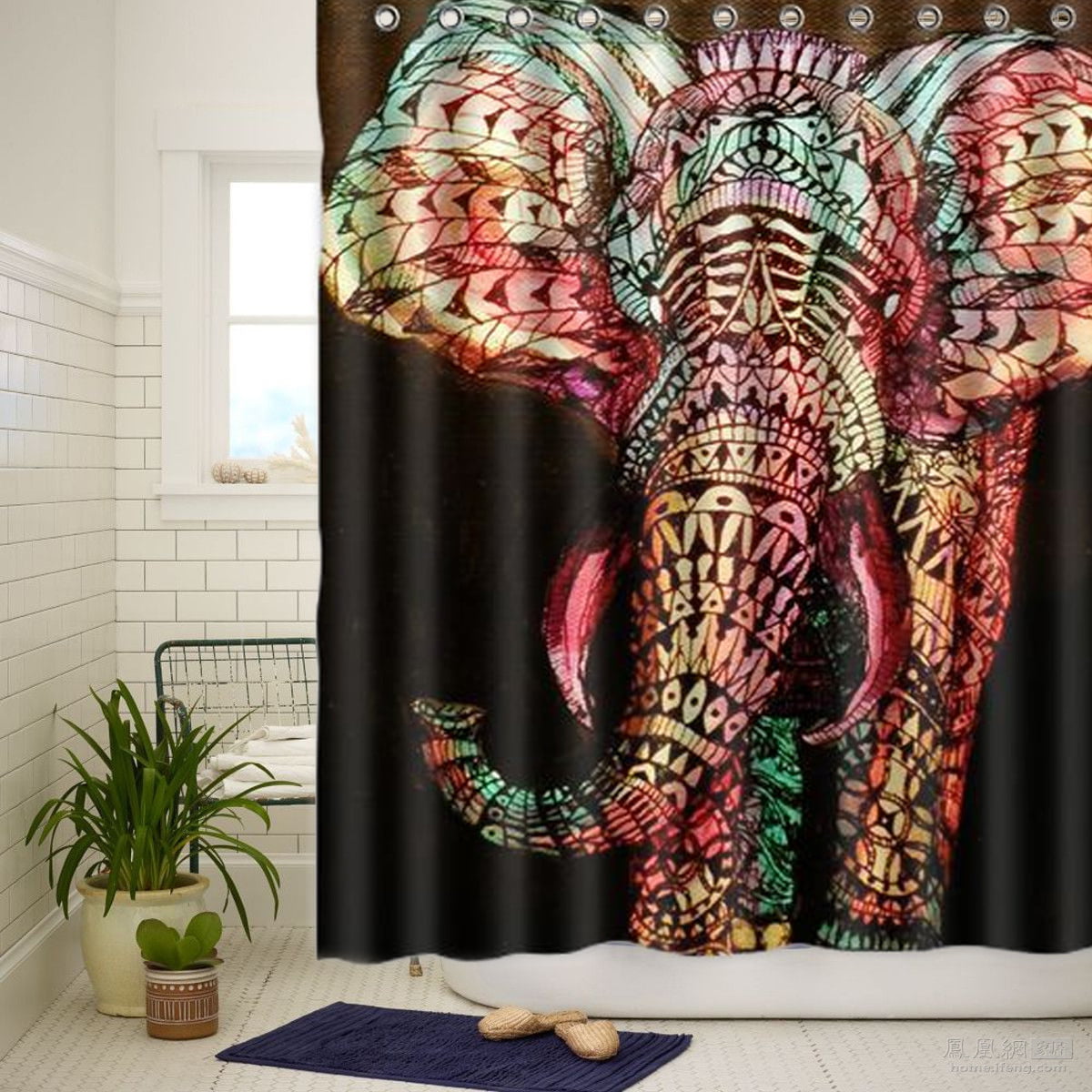 Elephant Being Carried Over Tight Rope Bathroom Shower Curtain Polyester Hooks 