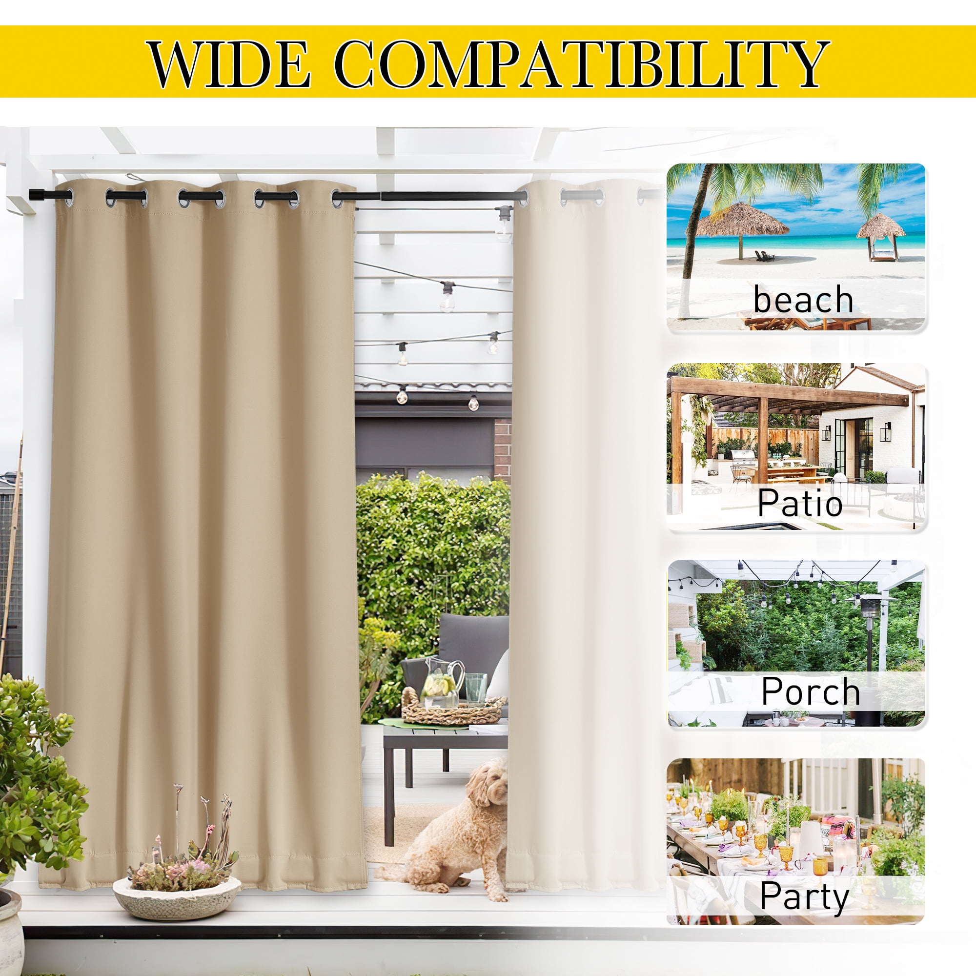 NICETOWN 2 Panels Outdoor Patio Curtains Windproof Top & Bottom Grommet & Back Tab, Biscotti Beige, W52 x L84, Thermal Insulated Windproof Drapes Keep Privacy for Yard/Porch with Ropes for Fixed