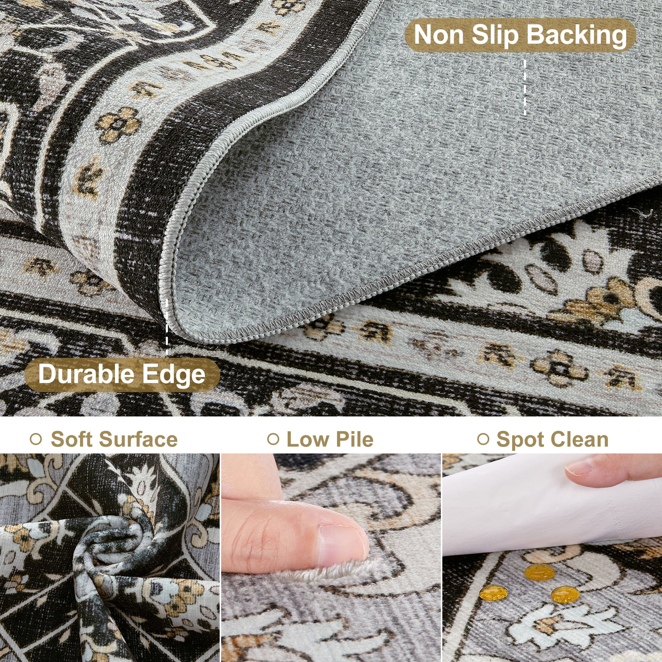 UERMEI 10'x14' Washable Large Area Rugs for Living Room, Vacuum friendly, Vintage Floral Boho Printed Carpet, Non Slip Indoor Rugs for Bedroom Home Decor Carpets, Black/Gray
