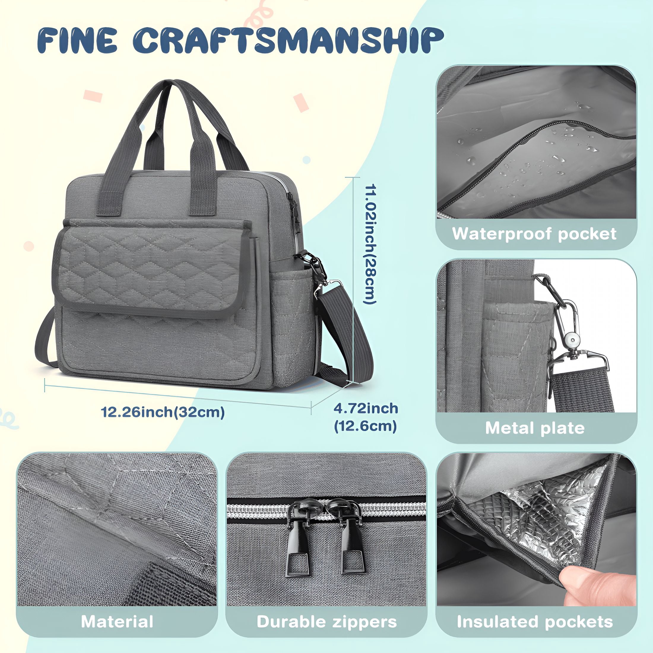 GASTROPOD 2026 New Diaper Bag Tote,Large Capacity Baby Diaper Bag with 3 Insulated Pockets,Lightweight Travel Diaper Tote for Mom Dad,Double-Layer Work Bag for Breastfeeding,Shoulder Mommy Bag(Gray)