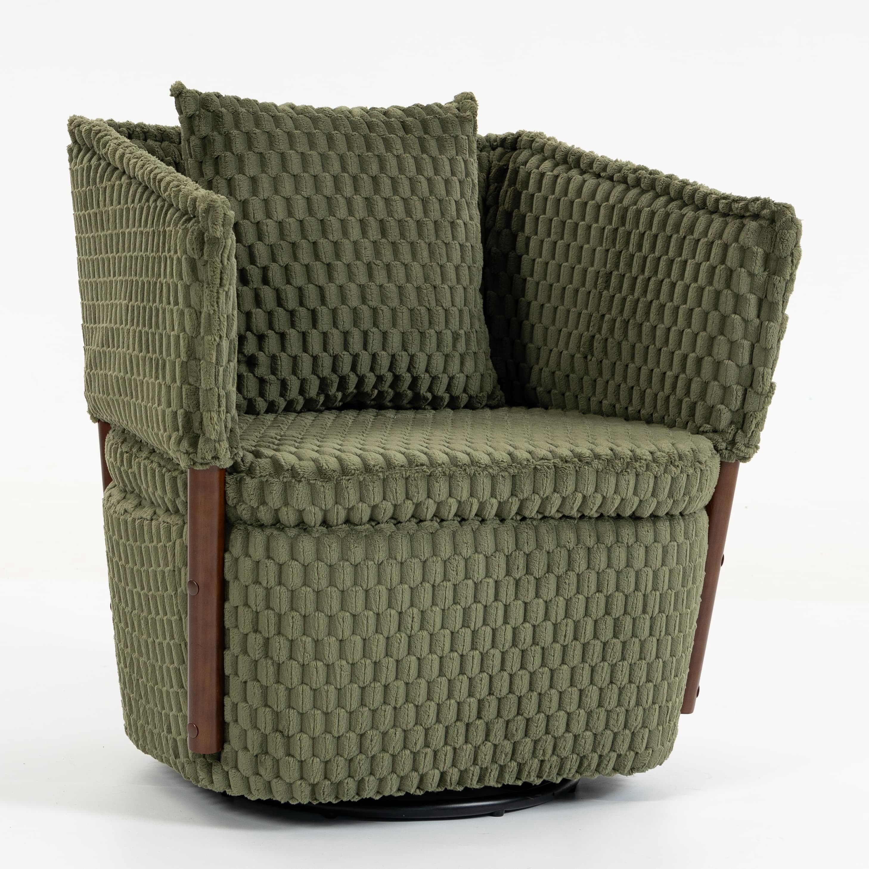 Aukfa Mid Century Modern 360 Swivel Accent Barrel Chair with Lumbar Pillow & Hidden Storage,Corduroy,Olive Green