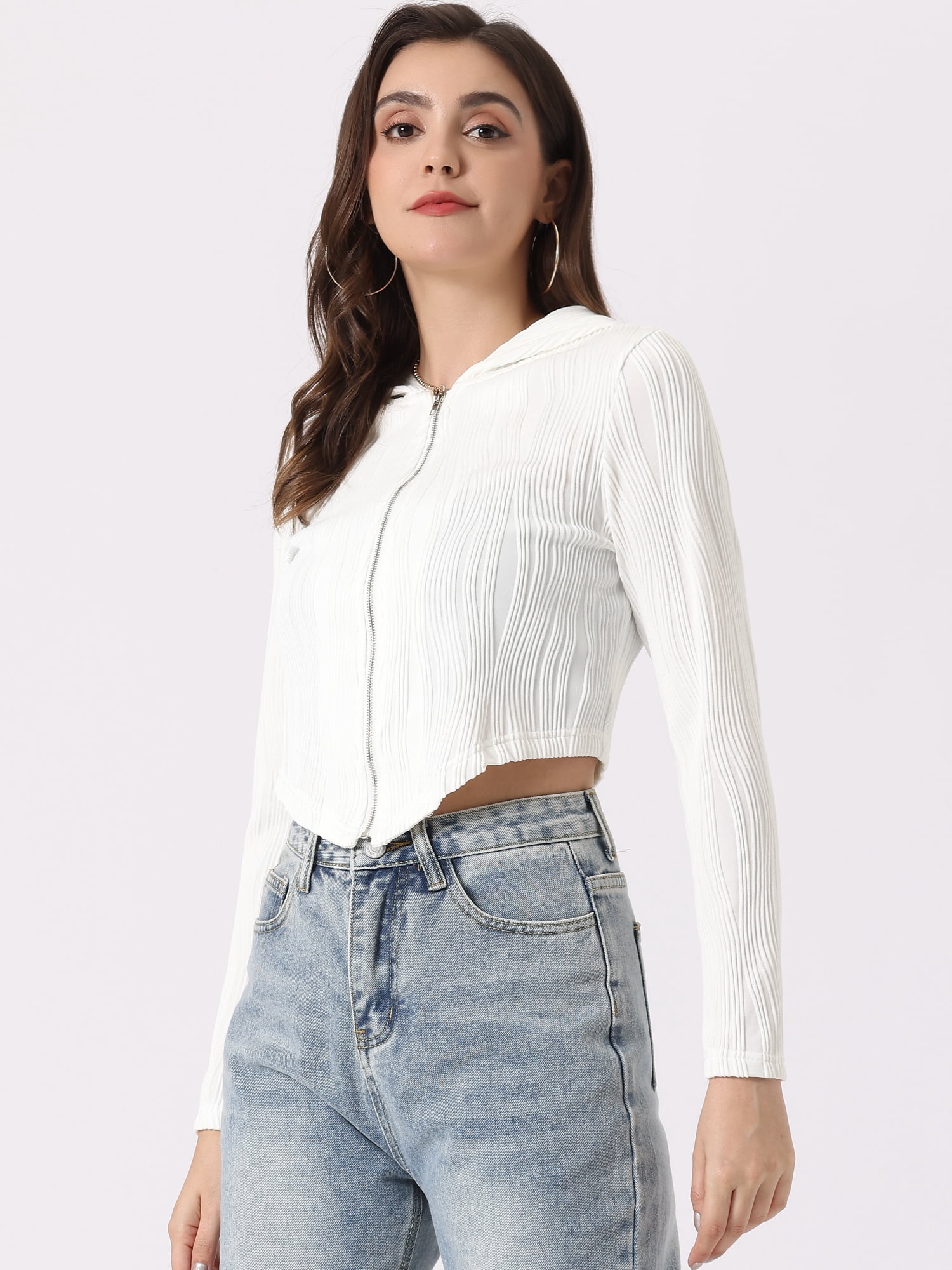 Unique Bargains Women's Casual Hoodie Zip Up Long Sleeve Lightweight Textured Crop Jacket XL White