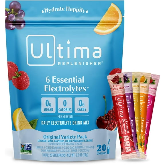 Ultima Replenisher Daily Electrolyte Drink Mix – Original Variety, 20 Stickpacks – Hydration Packets with 6 Electrolytes & Minerals – Keto Friendly, Vegan, Non- GMO & Sugar-Free Electrolyte Powder