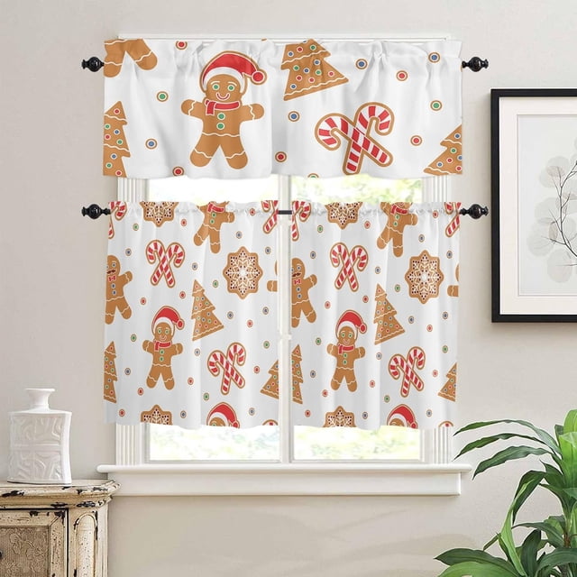 Kitchen Curtains and Valances Set, Christmas Gingerbread Man Winter Short Rod Pocket 3 Pieces Window Curtain Set for Bedroom, Bathroom, 24 Inch Long
